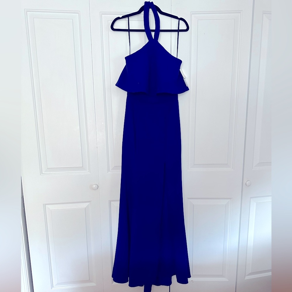 XSCAPE Royal Blue Halter Gown with slit